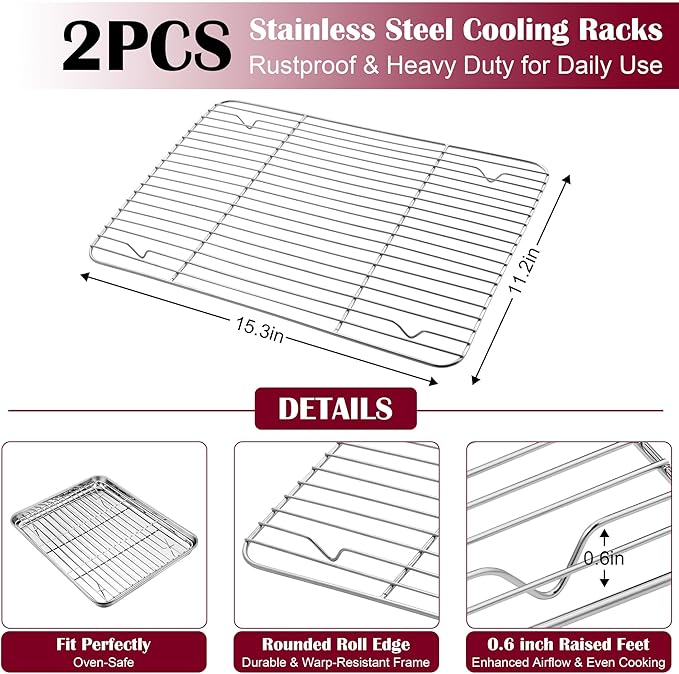E-far Baking Sheet with Wire Rack, Stainless Steel Cookie Sheets Pan & Cooling - Image 3