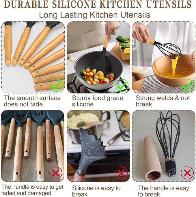Umite Chef Kitchen Cooking Utensils Set, Wooden Handle Silicone Kitchen Gadgets - Image 6