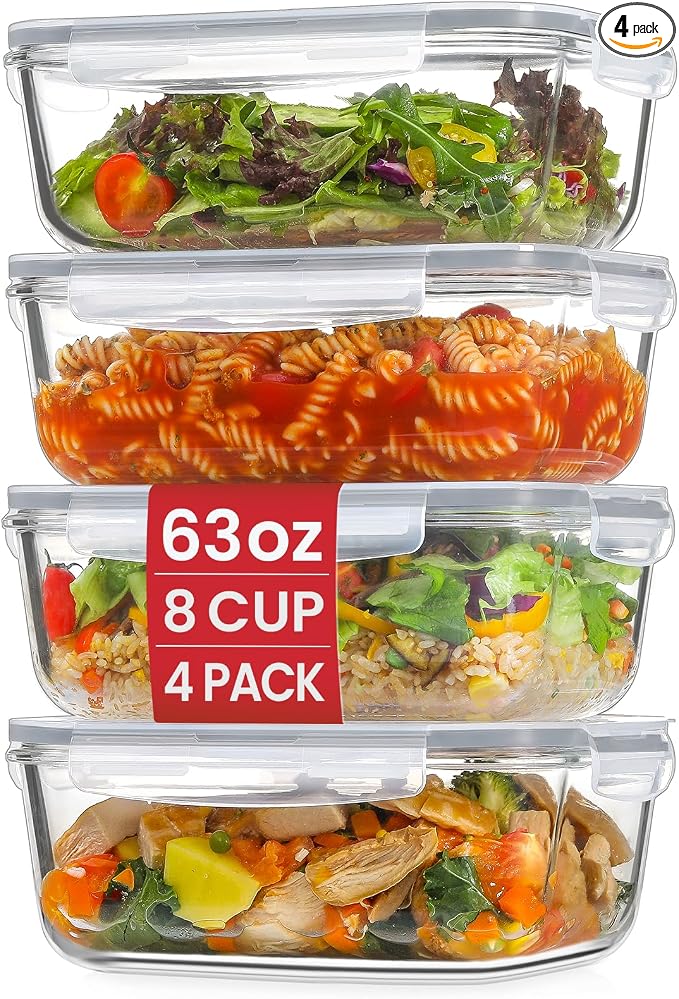 4 Pack 8 Cups/ 63oz Large Glass Storage Containers by Unknown