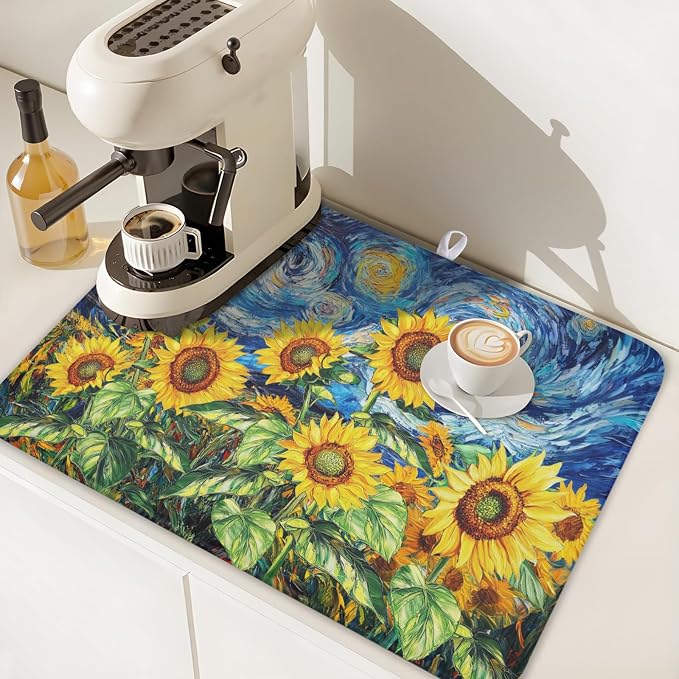 Sunflower Dish Drying Mat for Kitchen Counter 24x18 Inch Starry Night Drying Mat - Image 6