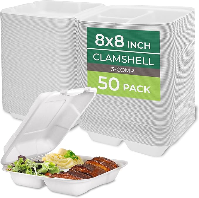 Freshware Compostable Clamshell Food Containers 3-Compartment 50-Pack, by Freshware