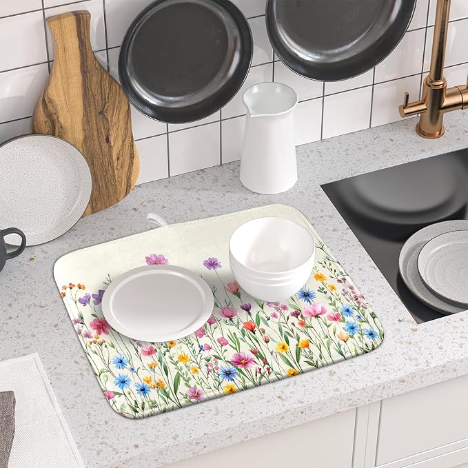 Giwawa Spring Floral Dish Drying Mat 16"x18" Watercolor Summer Wildflower Dish - Image 6