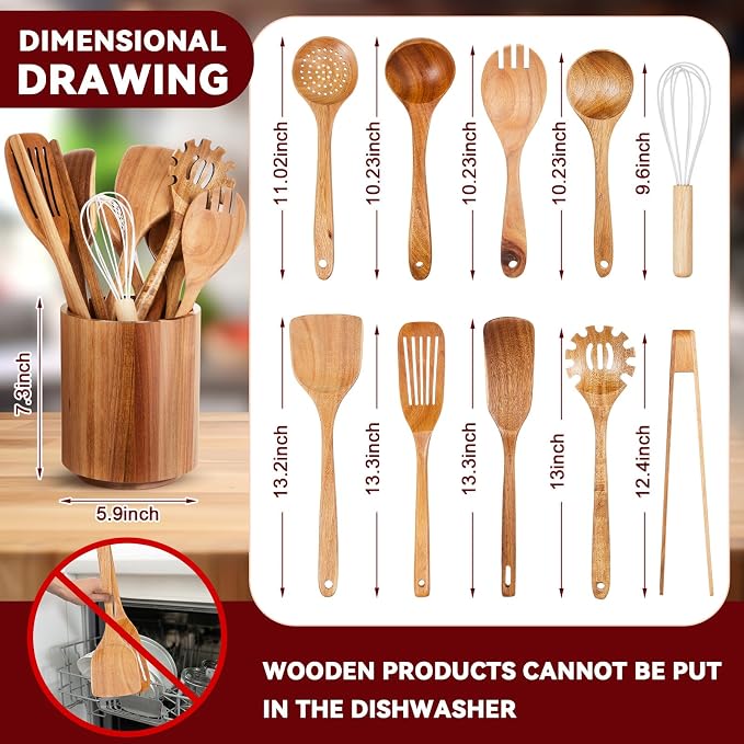 SiliFine 11 Pcs Wooden Kitchen Utensils Set - Image 2
