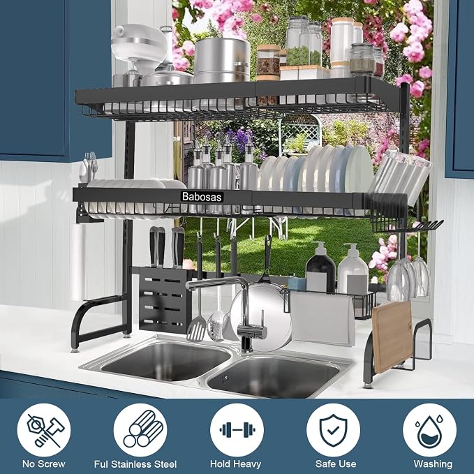 Over The Sink Dish Drying Rack, 3 Tier Adjustable Length Full Stainless Steel - Image 2