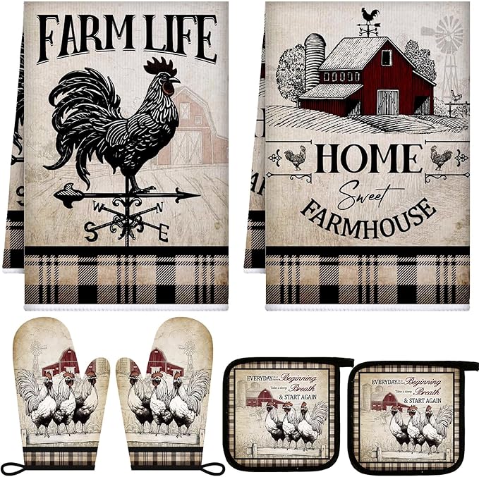 Leinuosen 6 Barn Farm Farmhouse Kitchen Decor Dish Towels Oven Mitts and Pot by Leinuosen