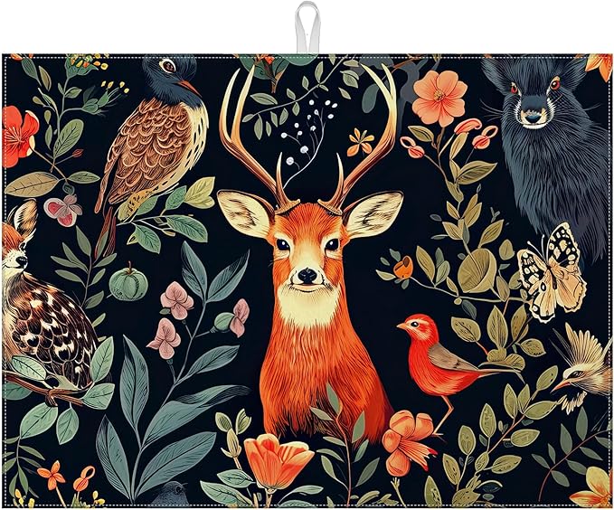 Vintage Deer Dish Drying Mat for Kitchen Counter Wild Animals Drying Pad by MOUNTANLLY
