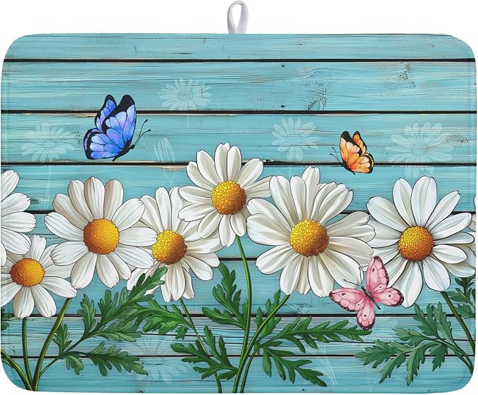 Spring Summer Daisy Flowers Dish Drying Mat by Kawani