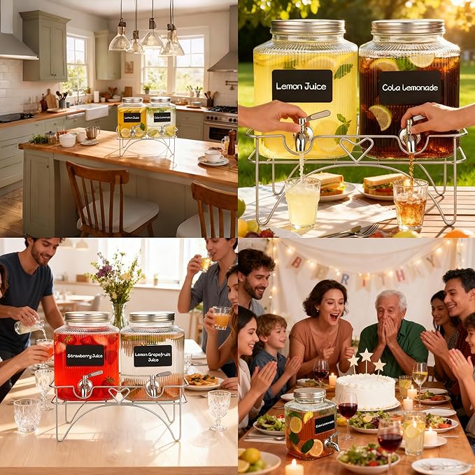 Lulonpon 2 x 4L Glass Drink Dispenser, Beverage Dispenser - Image 6