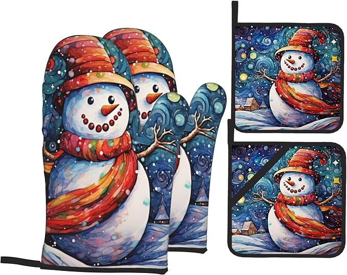 Winter Snowman Oven Mitts & Potholder Set of 4 by Unknown