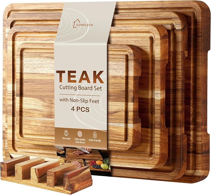 4 Pack Teak Cutting Board Set for Kitchen Wood Cutting Board Heavy Duty Non by Conflech