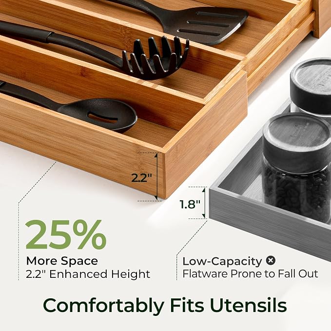 Carbonized Bamboo Kitchen Drawer Organizer, 5 Slots Expandable Silverware - Image 5