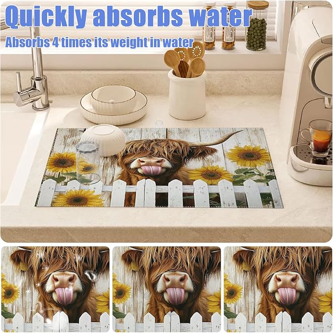 Sunflower Highland Cow Dish Drying Mat - Image 4
