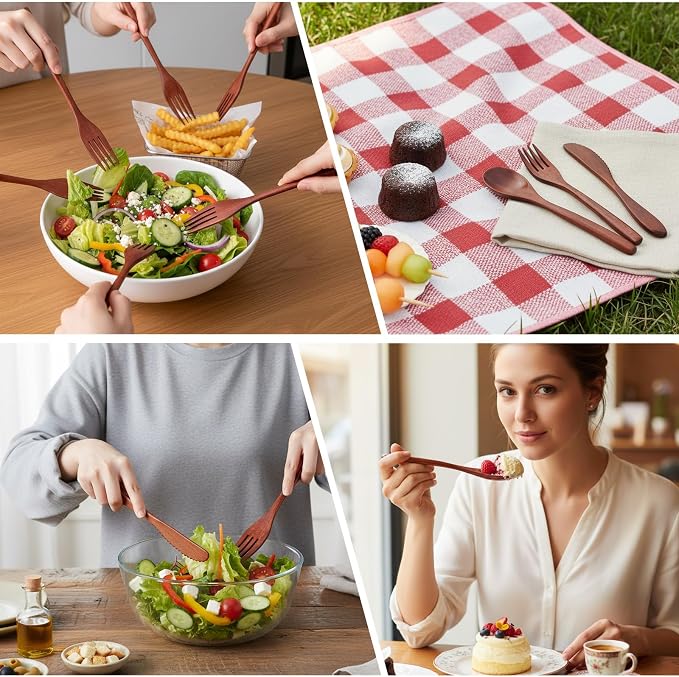 24 Pcs Wooden Utensil Set for Eating Wooden Spoon Fork Knife Wood Cutlery - Image 5