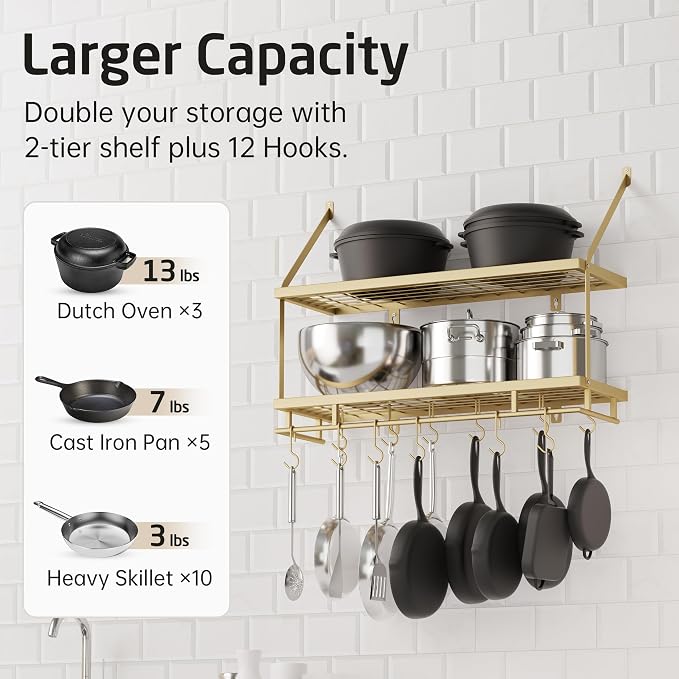 KES 30-Inch Gold Pot Rack Wall Mounted, 2-Tier Hanging Pot and Pan Organizer - Image 2