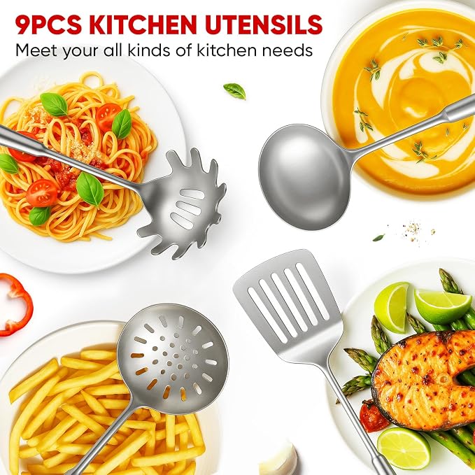 Newness 9 Pcs Cooking Utensils Set, 304 Stainless Steel Kitchen Utensils Set - Image 9