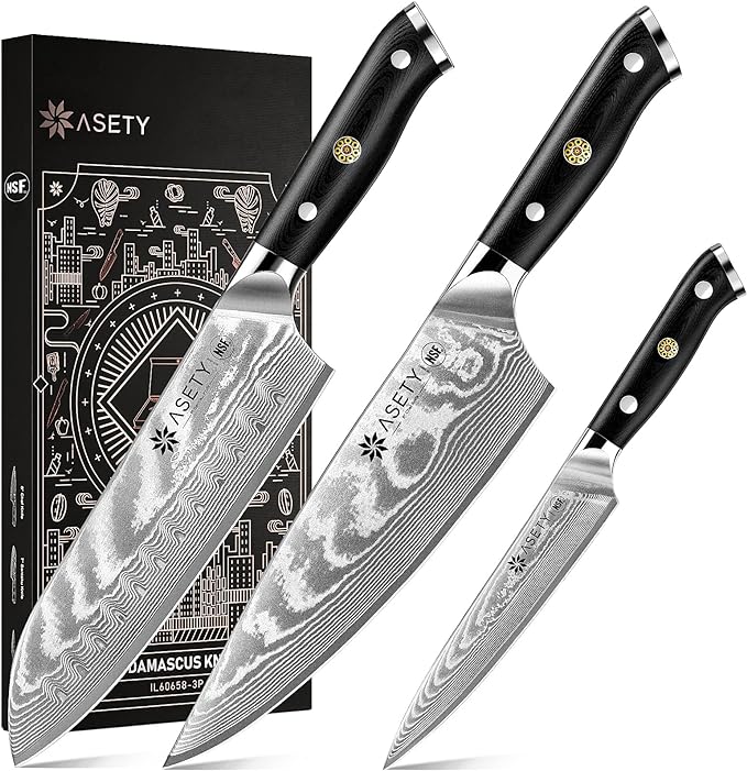 Damascus Knife Set 3 PCS: Japanese Kitchen Knives by ASETY