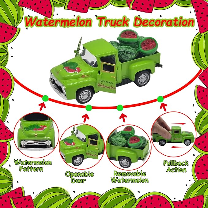 Watermelon Decor Mini Vintage Green Metal Pickup Truck - Image 4