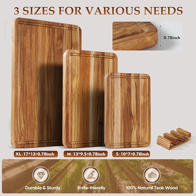3 Pack Teak Cutting Board Set for Kitchen Wood Charcuterie Board - Image 2