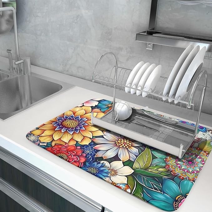 Boho Floral Dish Drying Mat for Kitchen Counter 18x24 Inch Super Absorbent - Image 5
