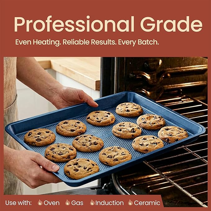 Diamond Bottom Cookie Sheet Set of 2, Nonstick Blue Carbon Steel Baking Pans - Image 3