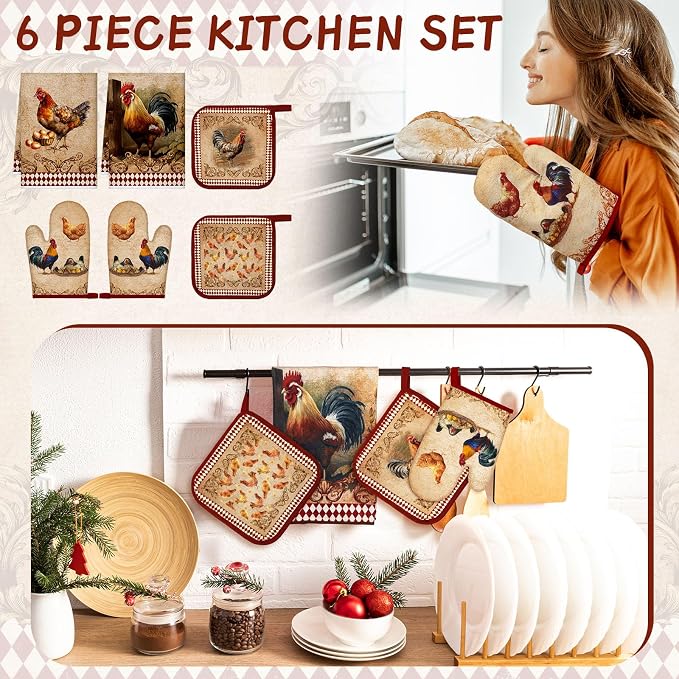 Leinuosen 6 Farm Rooster Farmhouse Kitchen Decor Dish Towels Oven Mitts and Pot - Image 2