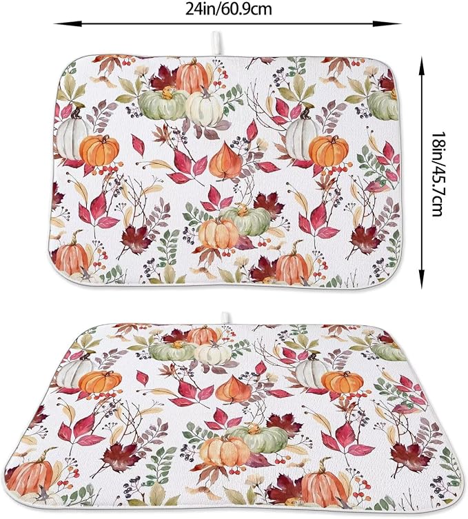 Fall Autumn Dish Drying Mat 18 x 24 inch Thanksgiving Pumpkin Maple Leaf Flower - Image 2