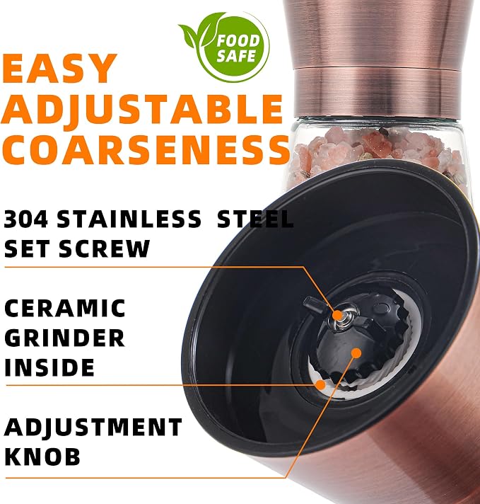 DAVIMADE Short Copper Salt and Pepper Grinder Set of 2，Refillable Adjustable - Image 2
