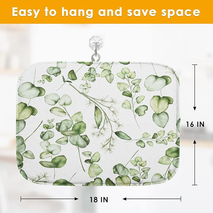 Sanwarm Absorbent Dish Drying Mat, Vintage Summer Eucalyptus Leaves Flower - Image 2