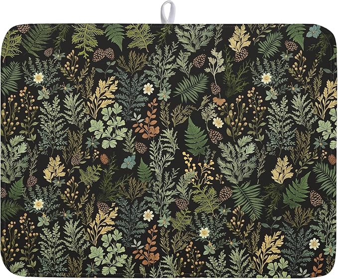 Black Green Botanical Dish Drying Mat by Kawani