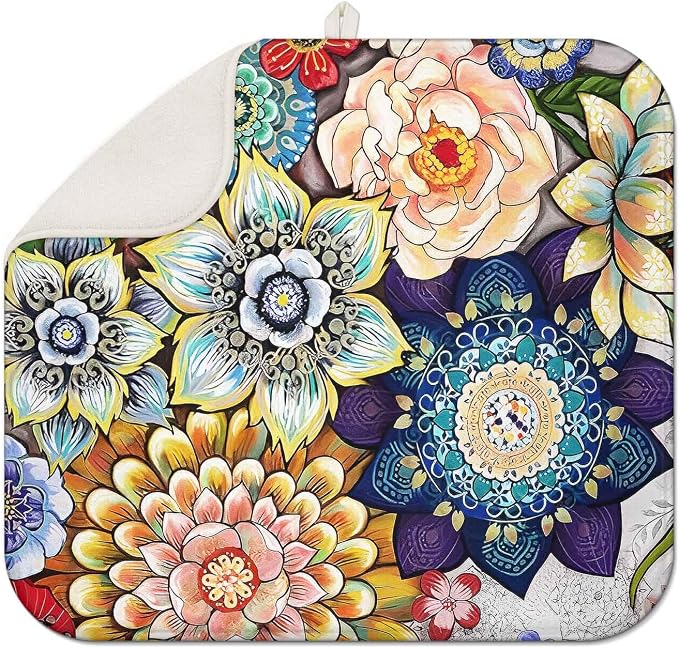 Boho Drying Mat 16" X 18" Boho Flower Kitchen Counter Stone Large Dish Drying by Scritism