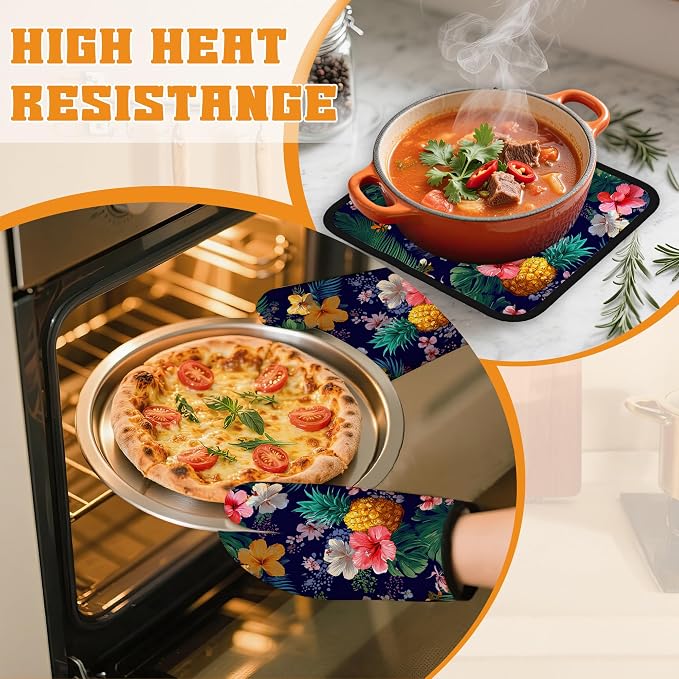 Palm Leaf Tropical Oven Mitts and Pot Holders, Pineapple Hibiscus Heat - Image 6
