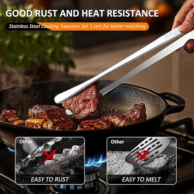 12-Inch 2-in-1 Kitchen Tongs Set, Round & Curved Stainless Steel BBQ Tongs - Image 3
