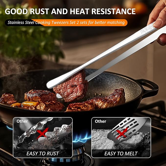 12-Inch Stainless Steel Kitchen Tongs Set, Straight & Round Edge Cooking - Image 3