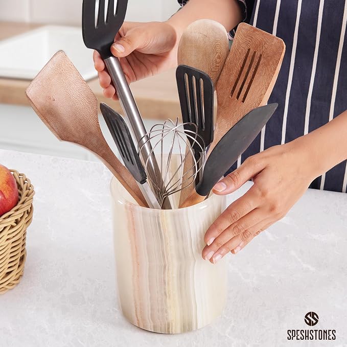 Marble Utensil Holder 6.5 Inch Cream Onyx Wooden Cooking Utensils Set & Spatula - Image 2