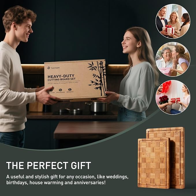 2 Pack Heavy Duty Bamboo Cutting Board Set Non Slip Over Sink Solid End Grain - Image 9