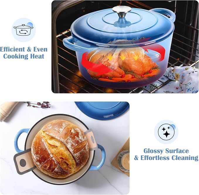 E-far Enameled Dutch Oven Pot for Bread Baking, 6QT Enameled Cast Iron Cookware - Image 6