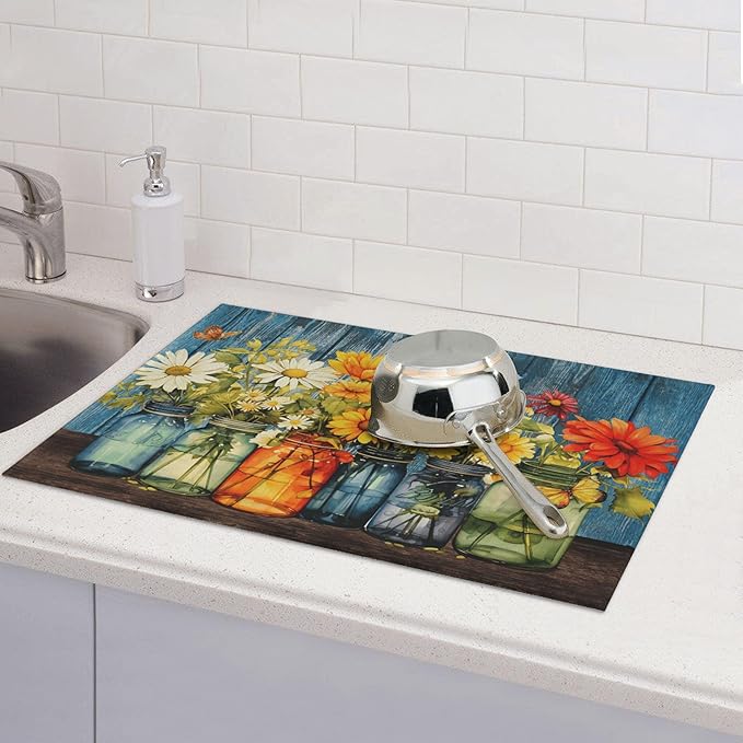Daisy Dish Drying Mat for Kitchen Counter, Microfiber Floral Dish Mats for - Image 7