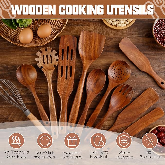 Wooden Spoons for Cooking 11Pcs Natural Acacia Wooden Kitchen Utensil Set - Image 5