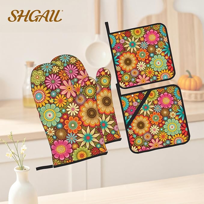 Mandala Flower Pattern Oven Gloves and Hot Pads Set - Image 2