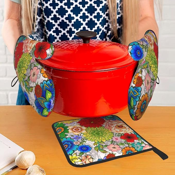Boho Floral Oven Mitts and Pot Holders Set of 3, Cute Colorful Flowers Heat - Image 7
