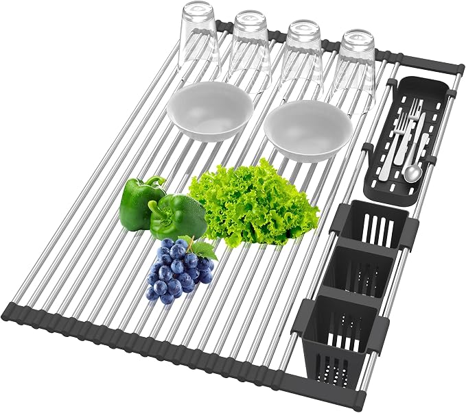 Extra Large Black Expandable Roll Up Dish Drying Rack Up to 25.1''with 2 - Image 2