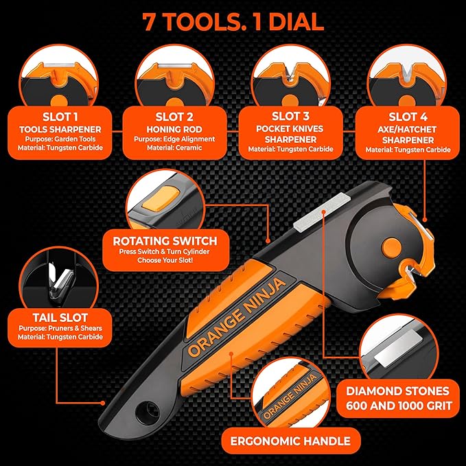 Orange Ninja 7-in-1 Garden Tool & Knife Sharpener – Sharpens Axe, Pruner & - Image 4