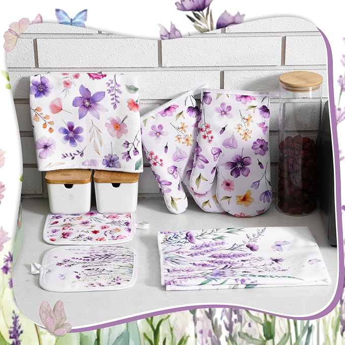 Spring Lavender Oven Mitts and Pot Holders Kitchen Dish Towels Set Purple - Image 6