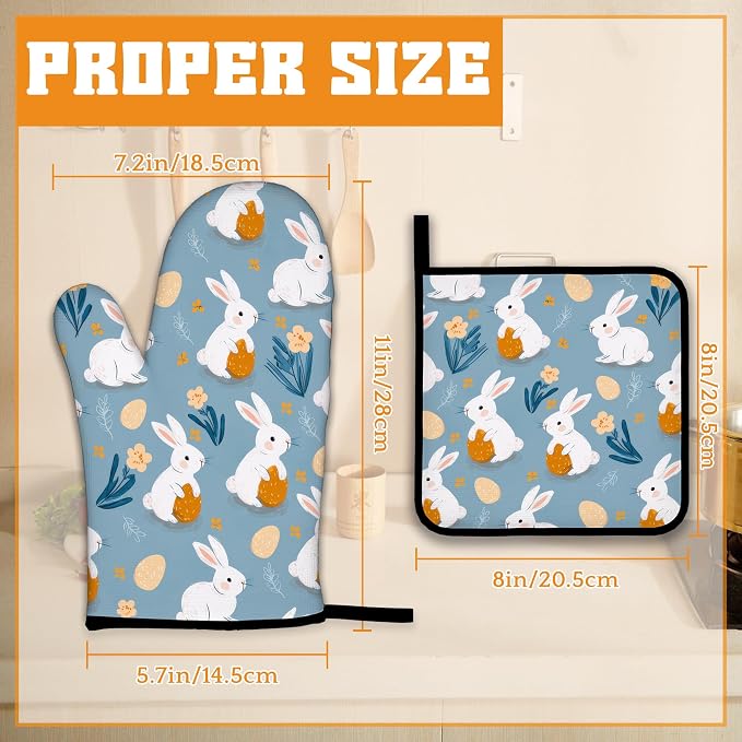 Easter Oven Mitts and Pot Holders Set, Cute Rabbit Kitchen Decor Heat Resistant - Image 2