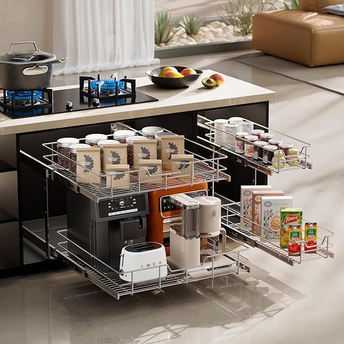 2 Tier Pull Out Cabinet Organizer 15" W X 17" D, Slide Out Drawers - Image 7