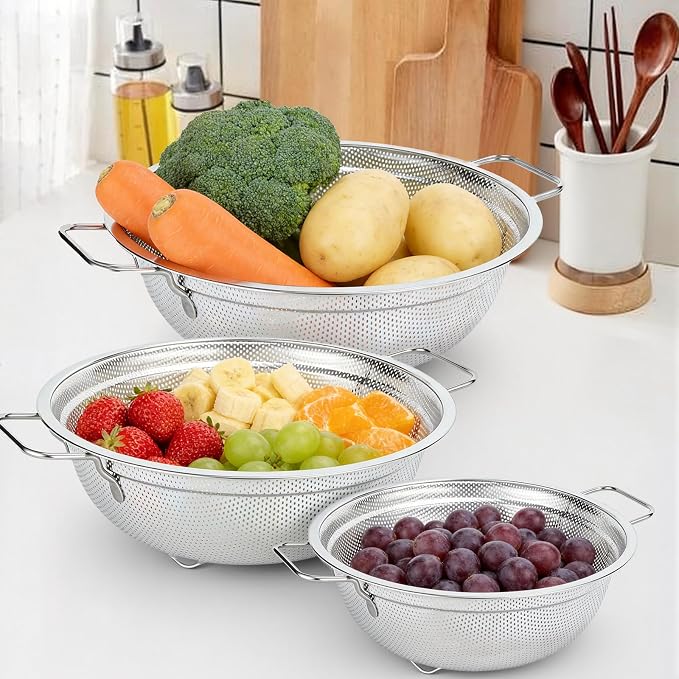 Colander Set of 3, Stainless Steel Micro-Perforated Colanders Strainers - Image 8
