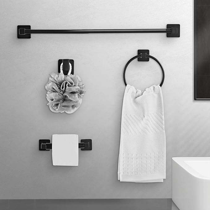 Matte Black Bathroom Hardware Set 4 Pieces, Towel Bar Set Stainless Steel Wall - Image 6