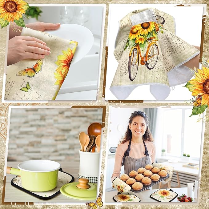 Fourluoo 10 Pcs Sunflower Kitchen Dish Towels Rugs Oven Mitts and Pot Holders - Image 6