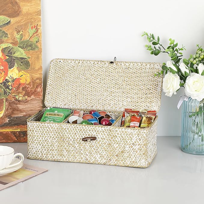 Hipiwe Seagrass Storage Basket Bin 3 Sections Hand-Woven Wicker Baskets - Image 3