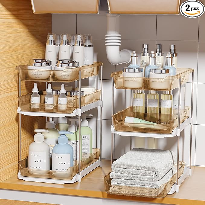 Delamu 2 Pack 3-Tier Bathroom Under Sink Organizers and Storage, Pull Out Clear by DELAMU